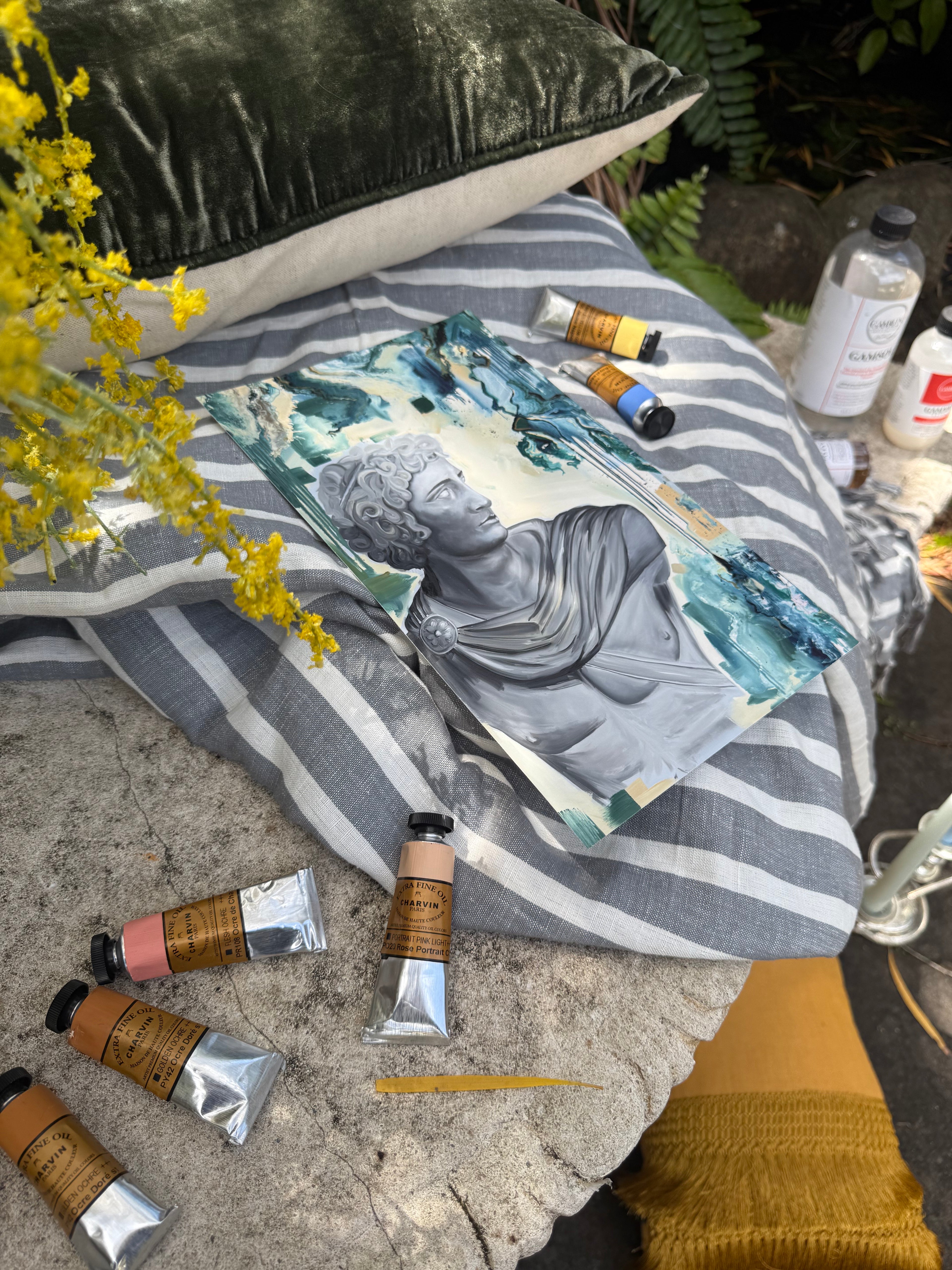 Artistic depiction of a person with a striped towel and paint tubes on a textured surface.  By Kendelle Ashton.  Fine art prints