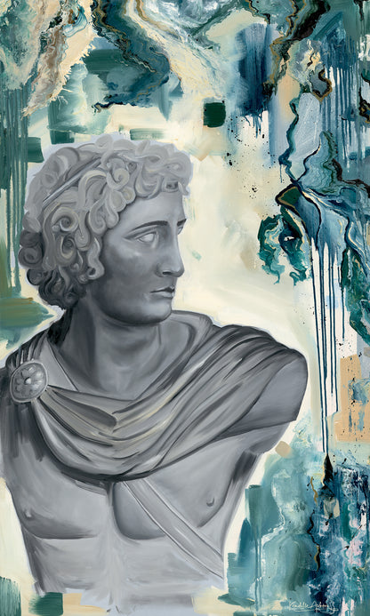 Bust of a classical figure against an abstract, multicolored background by kendelle ashton