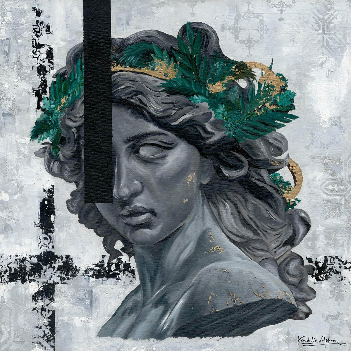 Artistic depiction of a classical bust with green leaves on a textured grey background by kendelle ashton