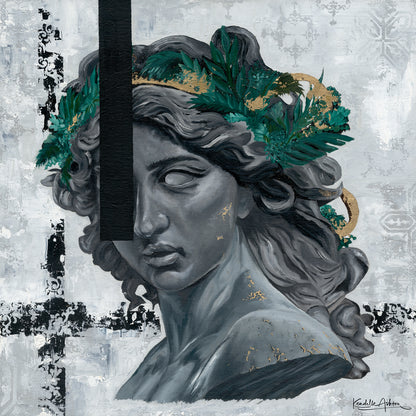 Artistic depiction of a classical bust with green leaves on a textured grey background by kendelle ashton