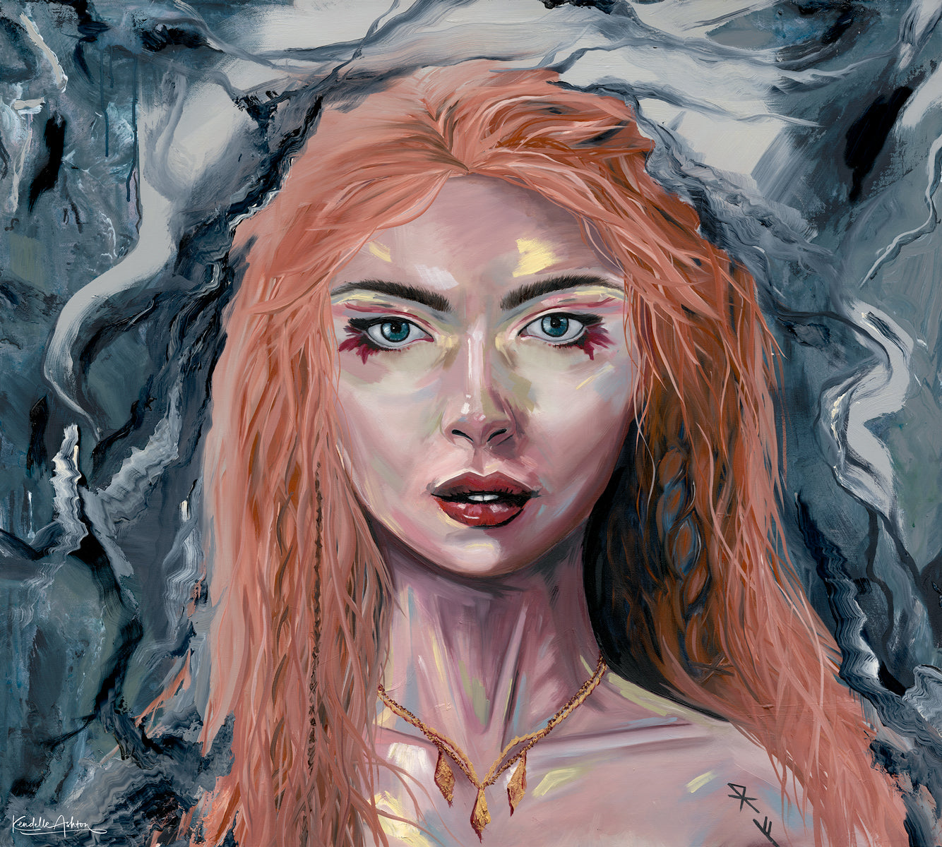 Artistic portrait of a person with red hair and green eyes against a textured gray background by kendelle ashton